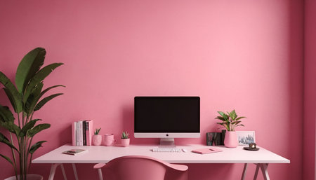 Workplace with computer and stationery on pink wall background. 3d renderingの素材