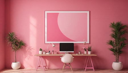 Pink room with computer, chair and plant. 3D Renderingの素材
