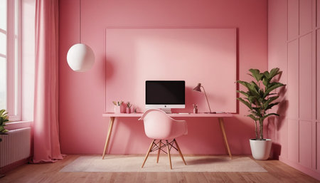 Pink office interior with pink walls, wooden floor, computer and plant. 3d renderの素材