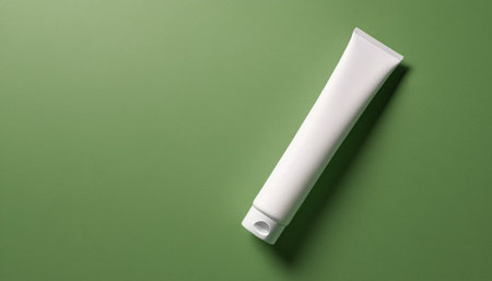Blank white tube of cosmetic product on green background, top viewの素材
