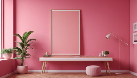 Interior of modern bright room with pink walls, wooden floor, pink table and chair. 3d renderの素材