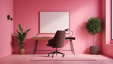 Interior of modern office with pink walls, wooden floor, comfortable armchair and white mock up poster. 3d renderingの素材