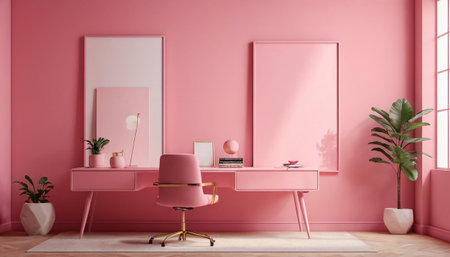 Poster mockup in pink room interior with wooden floor. 3d renderの素材