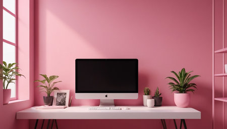 Minimalist workspace with computer on pink wall, 3D renderingの素材