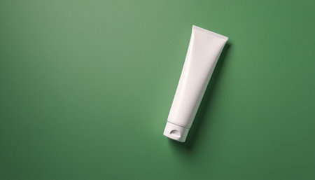 Blank white tube of cosmetic product on green background, top viewの素材
