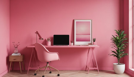 Pink interior of modern office with pink walls, wooden floor, pink computer desk and chair. 3d renderの素材