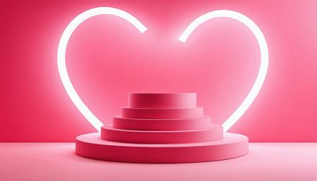 Abstract scene with red podium and heart on pink background. 3d renderの素材