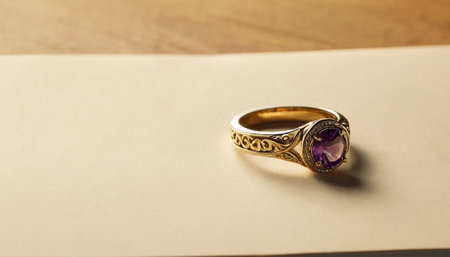 Wedding ring with amethyst on wooden background. Close up.の素材