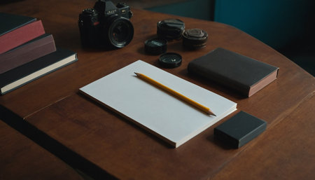 Blank notepad with camera and notebook on wooden table background.の素材