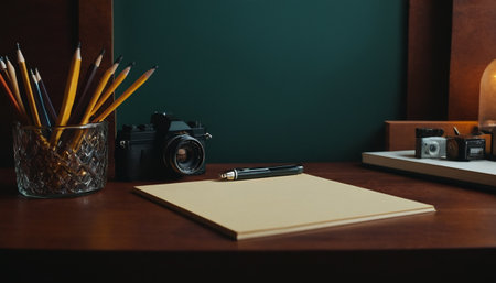 Close up of wooden office desk with blank notepad, camera and other items.の素材
