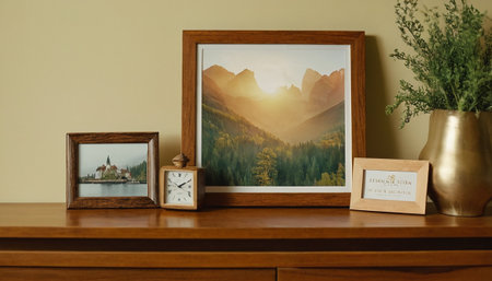 Wooden table with photo frames, clock and vase with plantの素材