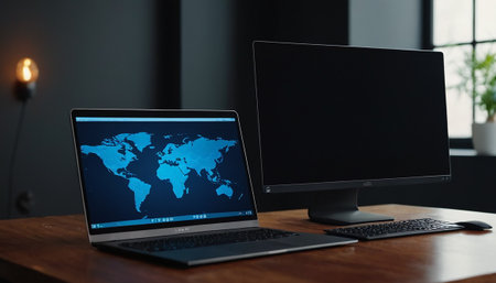 Laptop with world map on screen on table in office. 3d renderingの素材