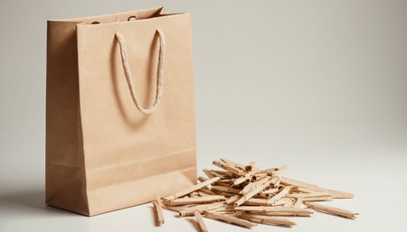 Paper bag with clothespins on a white background. Shopping concept.の素材