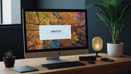 Designer workspace with computer and autumn leaves on screen. Mockupの素材