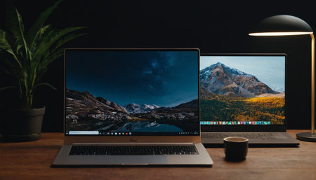 Modern laptop with blank screen and coffee cup on wooden table in dark room.の素材