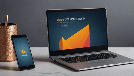 Laptop screen mockup, smartphone and coffee cuple tableの素材