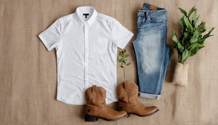 White shirt, jeans and boots on a brown background. View from above.の素材