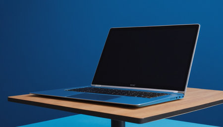 Laptop with blank screen on wooden table on blue wall background.の素材
