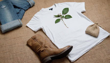 White t-shirt, jeans and brown boots on burlap backgroundの素材