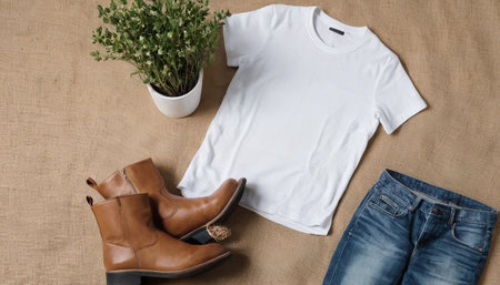 White t-shirt, jeans and brown shoes on the table.の素材