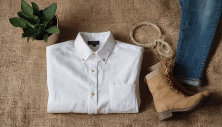 Shirt, jeans, shoes and plant on sackcloth background.の素材