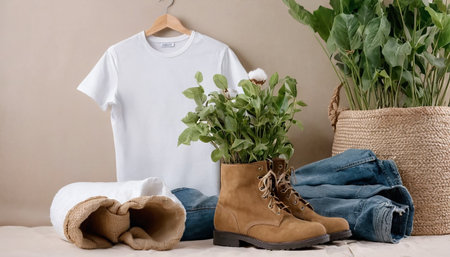 T-shirt, jeans, boots and plants on a hangerの素材