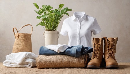 Set of clothes, shoes and flowerpot on table against grey wallの素材
