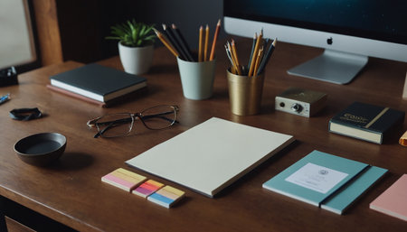 Working space with computer, stationery and coffee cup on wooden tableの素材