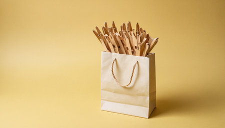 Wooden chopsticks in a paper bag on a yellow background.の素材