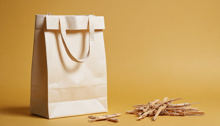 Paper bag with clothespins on a yellow background. Copy space.の素材