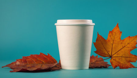 White paper cup of coffee with autumn leaves on blue background. Copy space.の素材