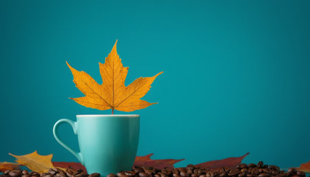 Coffee cup with autumn leaf on turquoise background.の素材