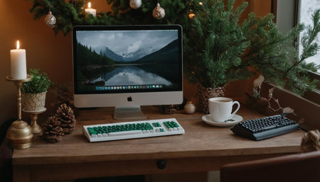 Coffee cup and computer on wooden table with christmas tree on backgroundの素材