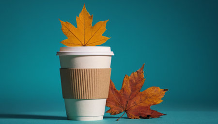 Coffee cup and autumn leaves on a blue background. Copy space.の素材