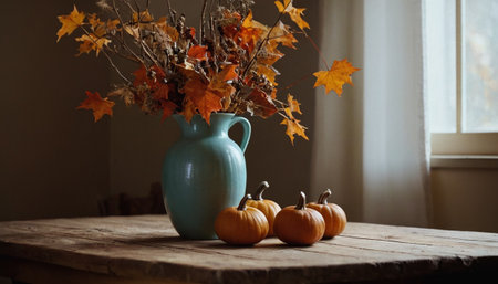 Autumn still life with pumpkins and leaves on a wooden tableの素材