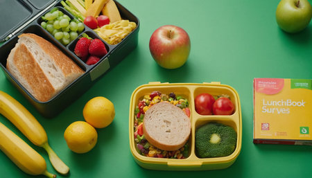 Healthy food in lunch box on green background, top view.の素材