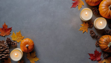 Autumn composition with pumpkins, leaves and candles on grey background. Flat lay, top view, copy spaceの素材