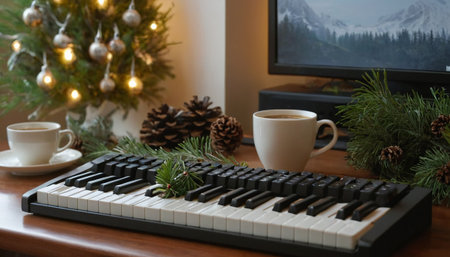 Piano keyboard, cup of coffee and christmas tree on backgroundの素材