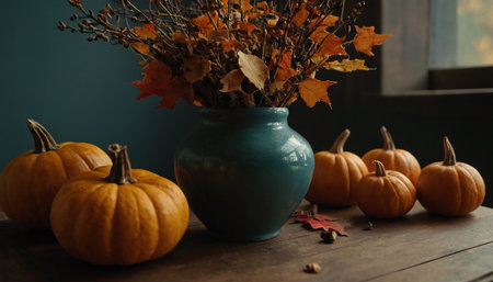 Autumn still life with pumpkins and autumn leaves in blue vaseの素材