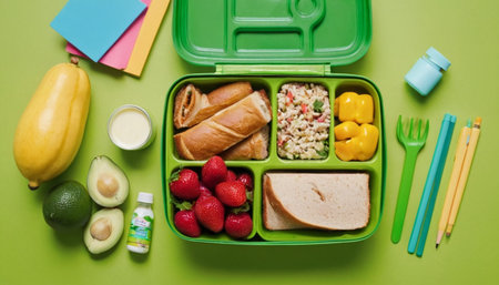 Healthy school lunch box on green background. Top view. Flat layの素材