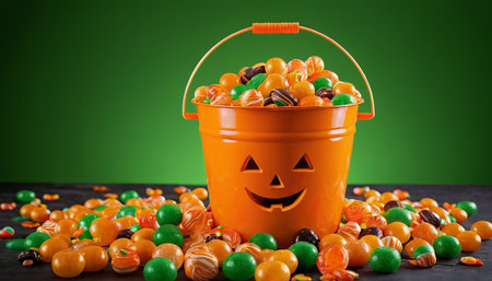 Halloween candies in bucket on wooden table and green background.の素材