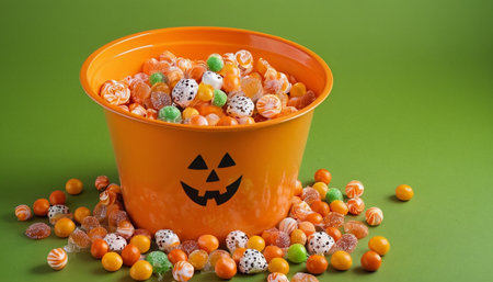 Colorful candies in orange bucket on green background. Halloween concept.の素材