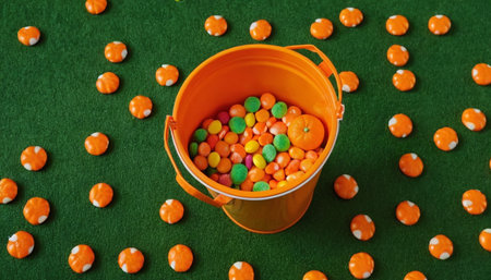 Colorful candies in plastic bucket on green background, top viewの素材