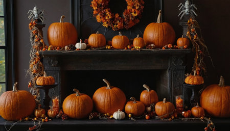 Halloween pumpkins on the fireplace background. Halloween holiday concept.の素材