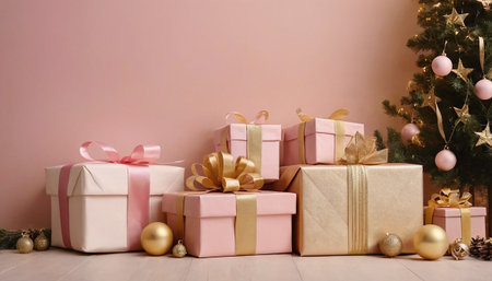 Beautiful christmas gifts and fir tree on floor against pink wallの素材