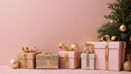 Gift boxes with golden ribbons near christmas tree on pink backgroundの素材