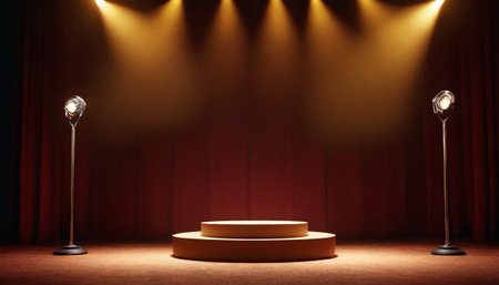 Stage podium with lighting, Stage Podium Scene with for Award Ceremony on red curtain background.の素材