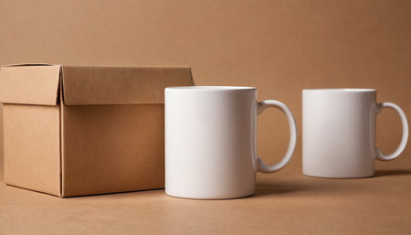 Mugs and cardboard box on brown background. Mockup for designの素材