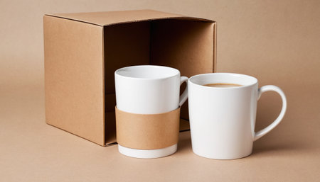 Coffee cup and cardboard box on brown background. Copy spaceの素材
