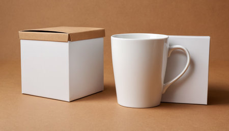 Mockup of coffee cup and paper box on brown background.の素材
